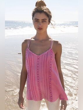 POL Pink Cotton Gauze Embroidered Strappy Tank Top Small